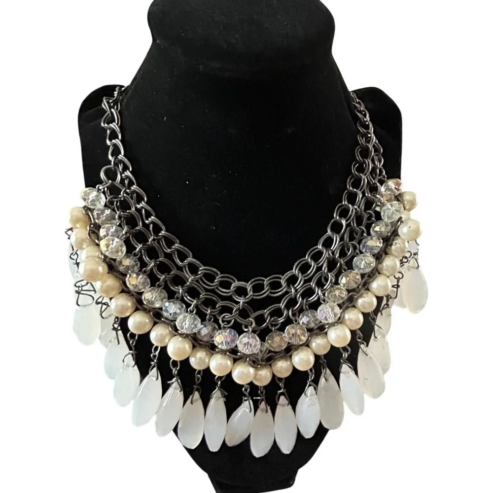 Gunmetal Statement Bib Necklace Faux Pearl Iridescent White Teardrop Dangle 19in